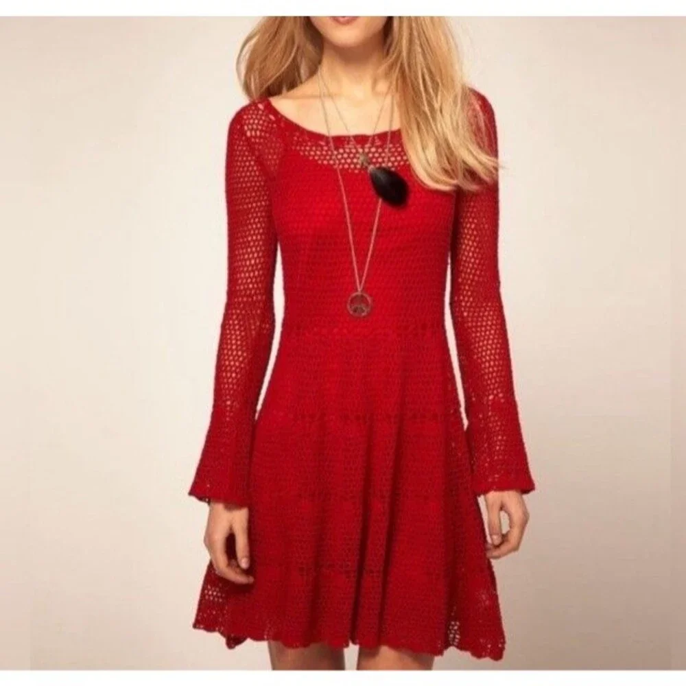 Free People Red Crochet Dress Size: XS